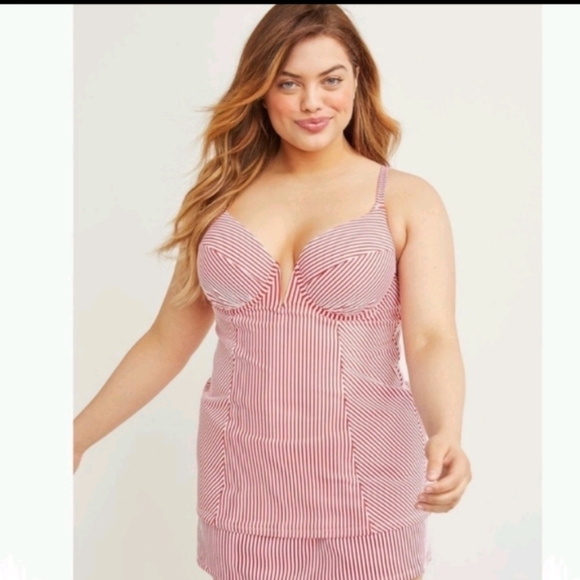 NWT Cacique banquette seersucker v wire striped tankini top sz 40D - Picture 1 of 8